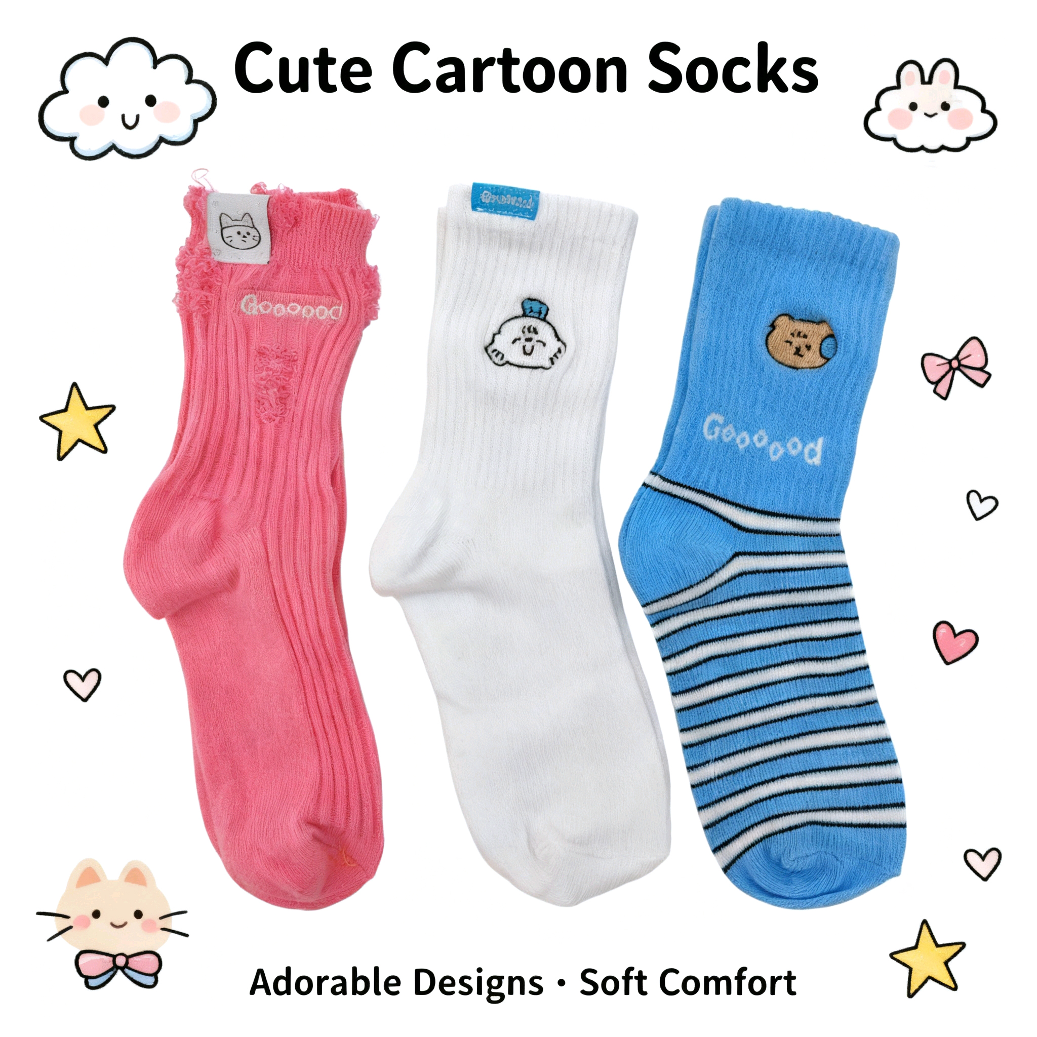 Cute and adorable animal-embroidered mid-calf socks, soft and cute style comfortable cotton socks, girlish and playful dressing socks