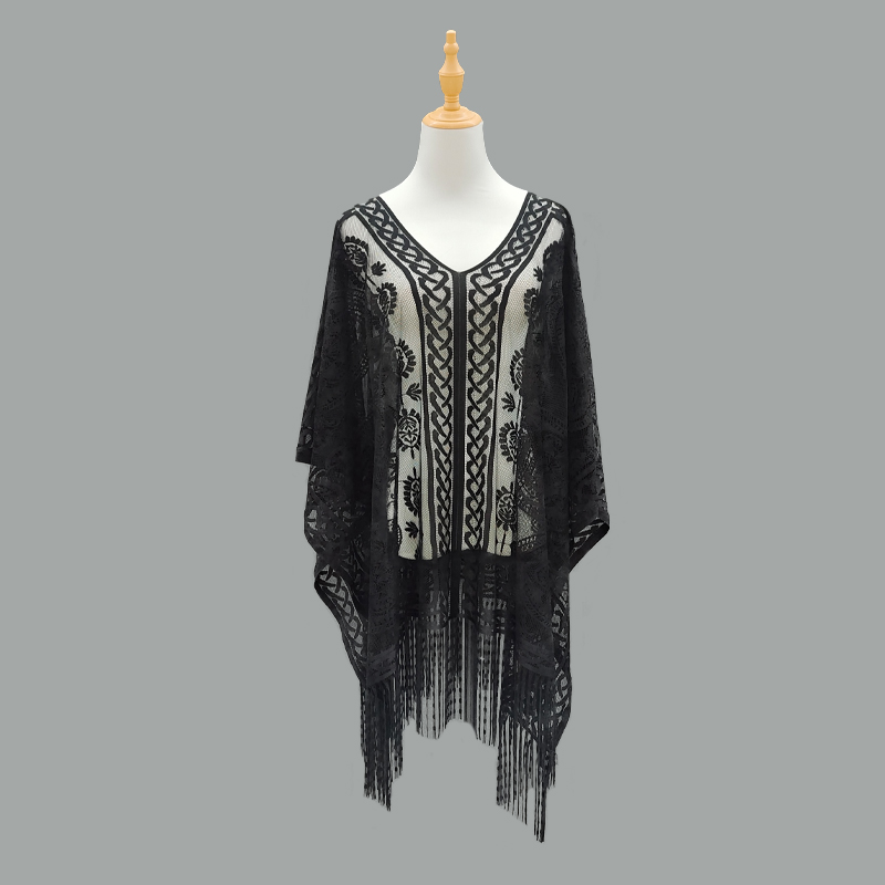 Cross-border Bohemian hollowed-out tassel lace blouse, beach blouse, fabric bikini, beach dress, tassel pullover, shawl, export sun-protective clothing, fabric materials, Amazon cross-border direct supply, TK overseas bestsellers pic 1