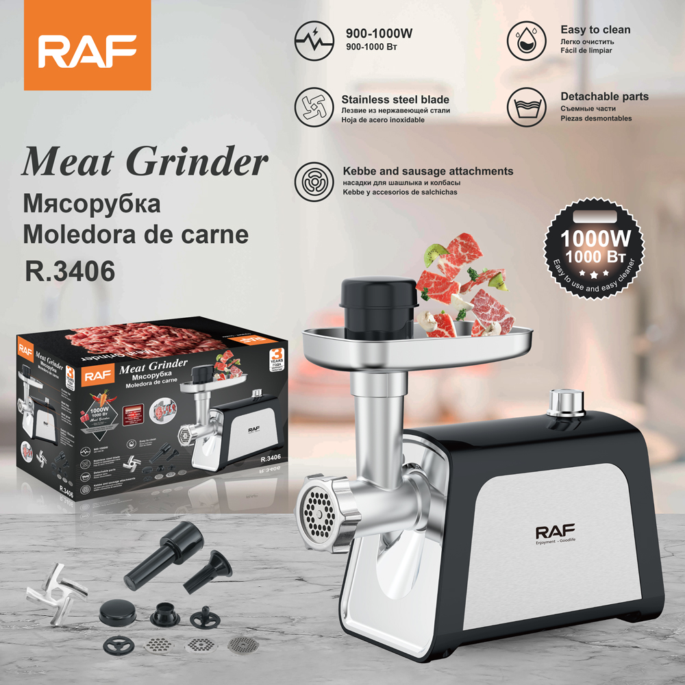 RAF European-style meat grinder is a highly efficient, convenient, fully automatic, multi-functional meat mincing and filling machine for household use, as well as a food processor
