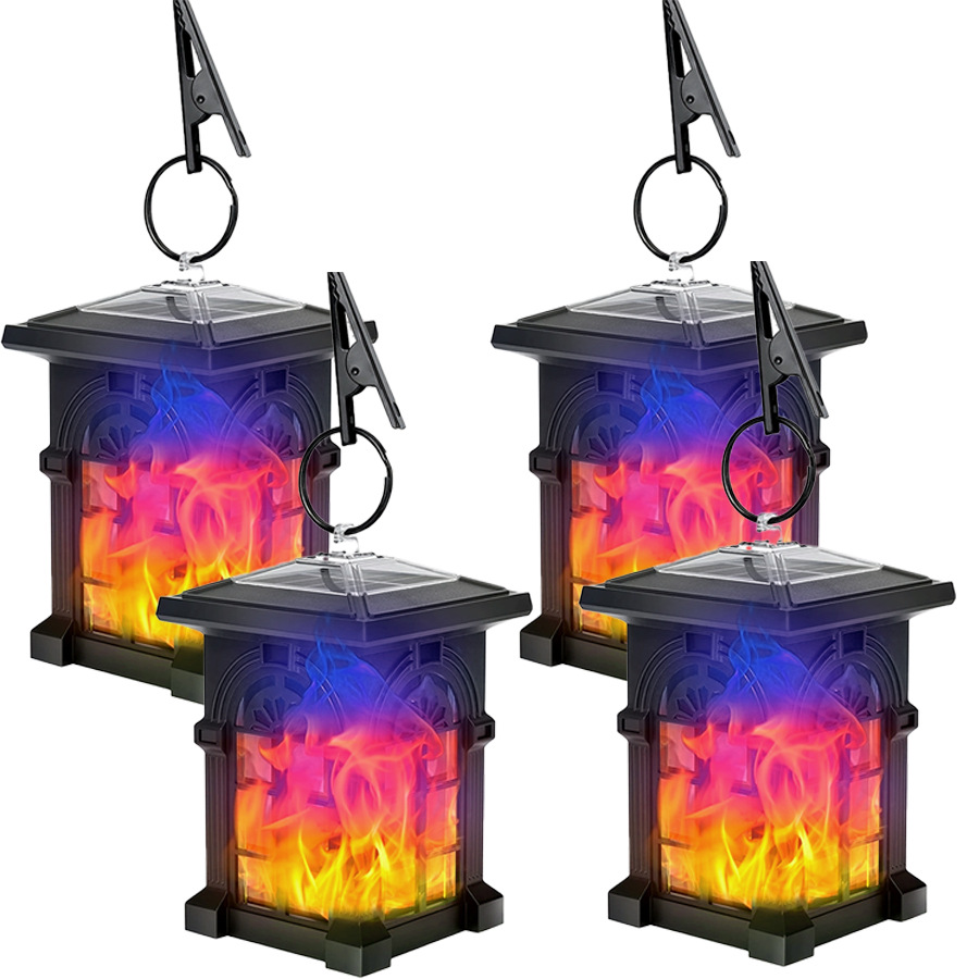 Cross-border outdoor solar flame lamp, mini square chandelier, courtyard waterproof landscape lawn lamp full figure