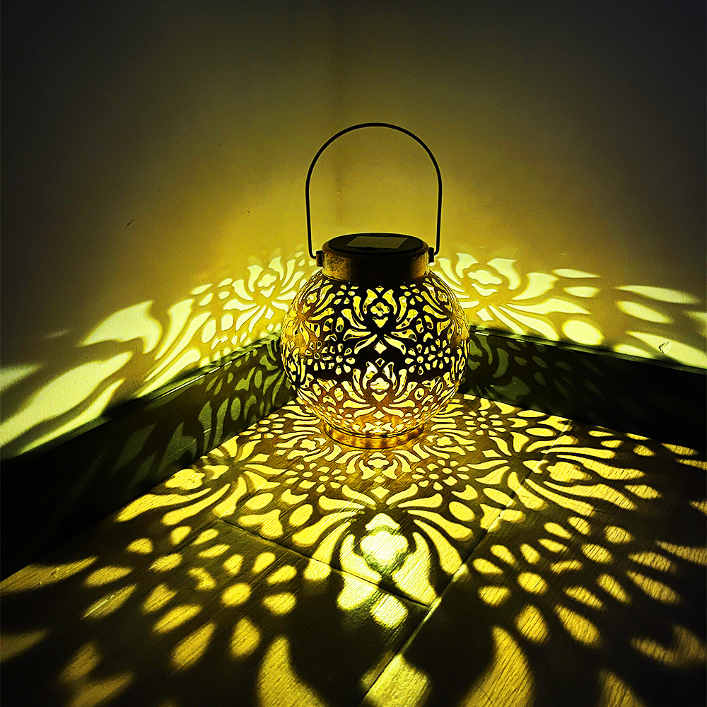 Cross-border solar lanterns, hanging lanterns, hollowed-out lanterns, courtyard lights, garden hanging lights, porch decorative lights, projection lights Specification drawing