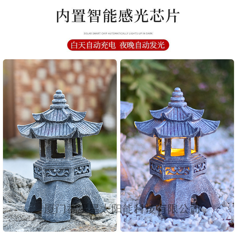 Outdoor solar-powered Chinese-style Zen-inspired small palace lanterns, stone pagoda courtyard decorative garden ornaments, small palace lanterns, and homestay landscape lights details Picture