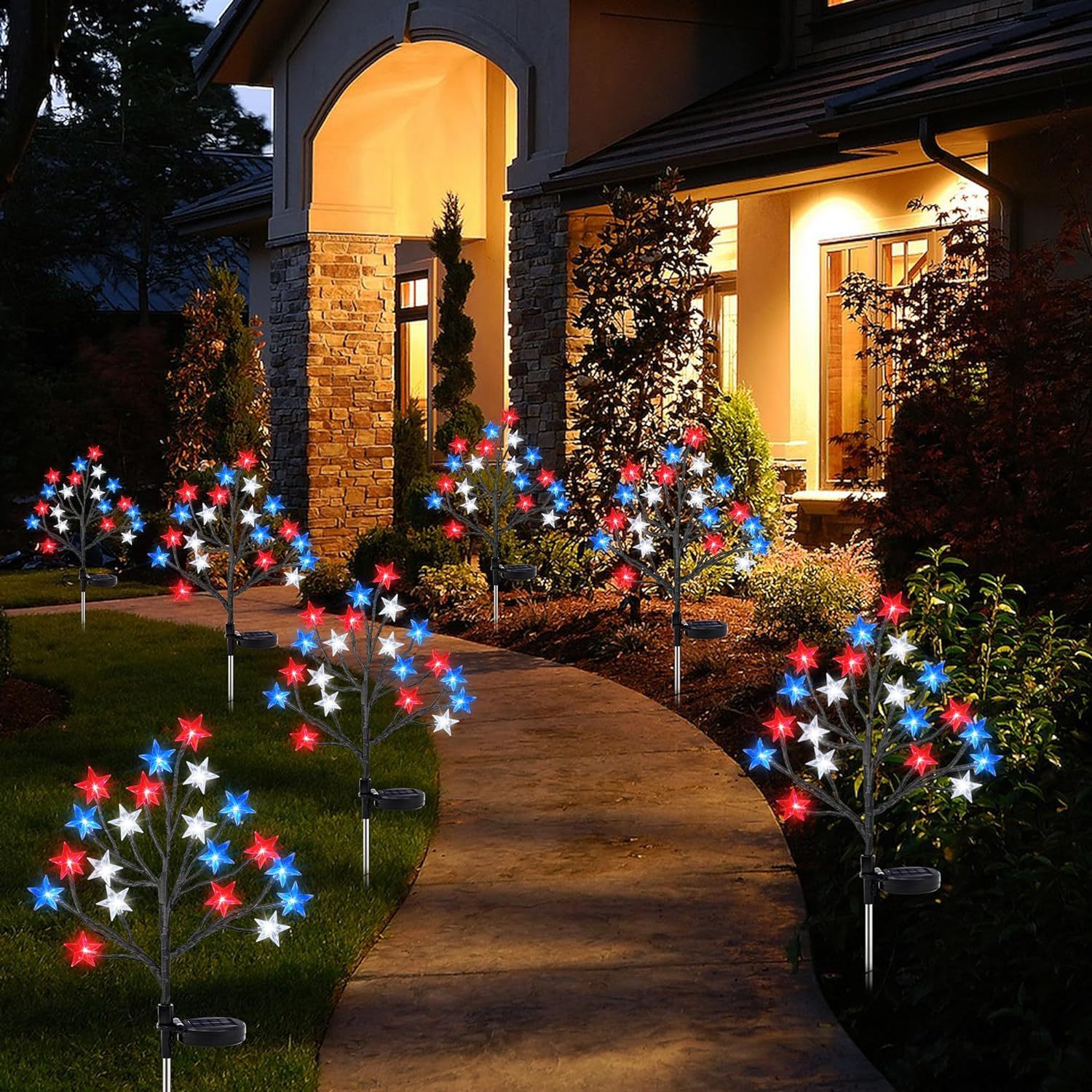 Amazon's best-selling solar tree branch ground light for the Independence Day of the United States, red, blue and white five-pointed star courtyard decoration details Picture
