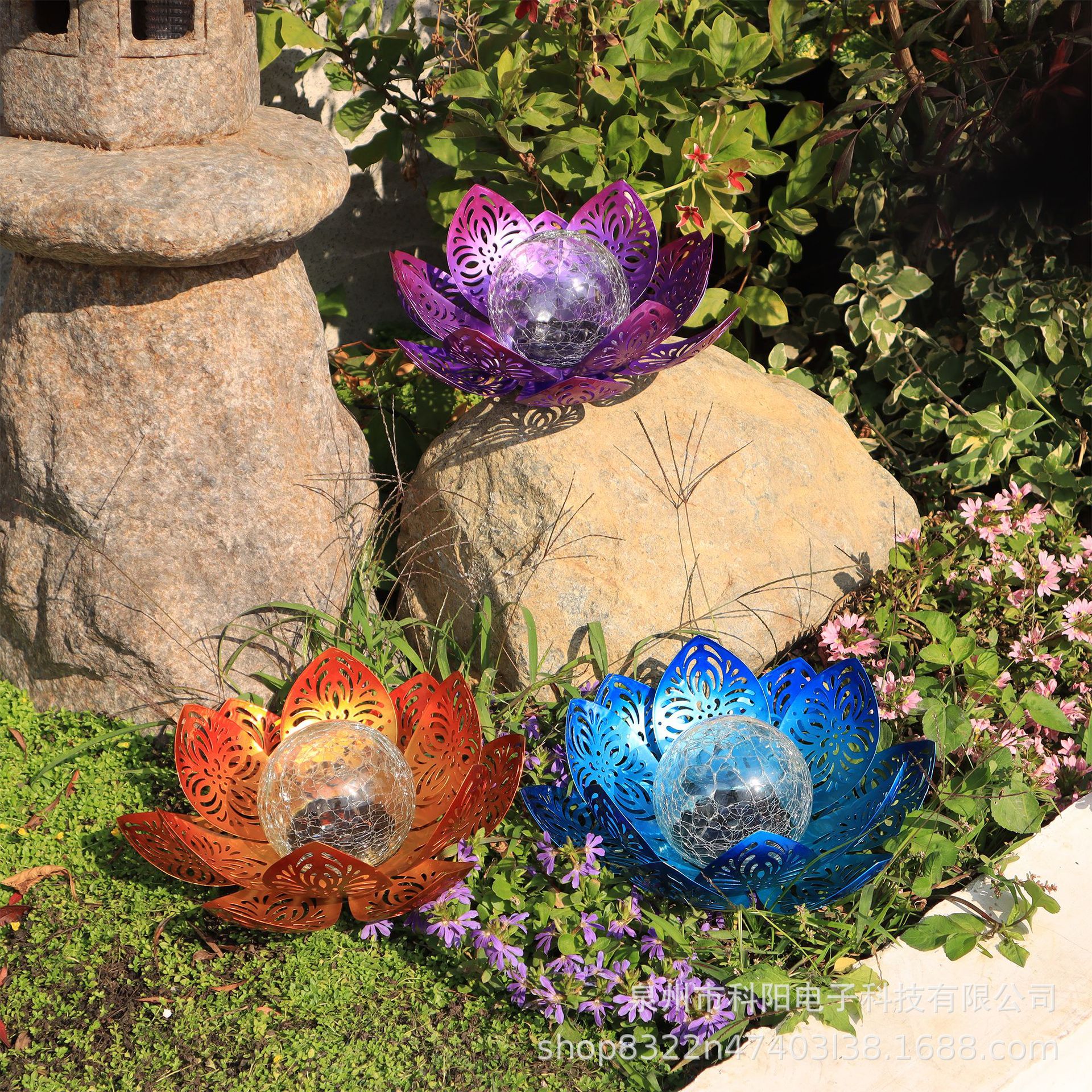 Solar lamps, ironwork lotus lamps, outdoor ground socket lamps, floor-standing rainproof decorative items, landscape courtyard lamps, lawn lamps details Picture