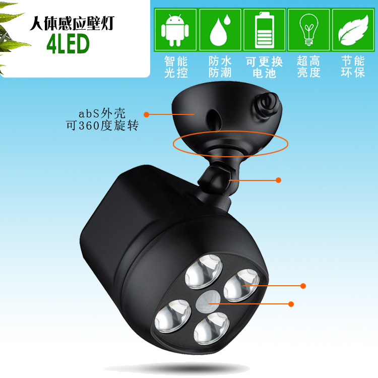 Factory direct sale of owl garage spotlights with 4LED infrared 360-degree rotating sensor wall lamps and energy-saving street lamps for courtyards details Picture