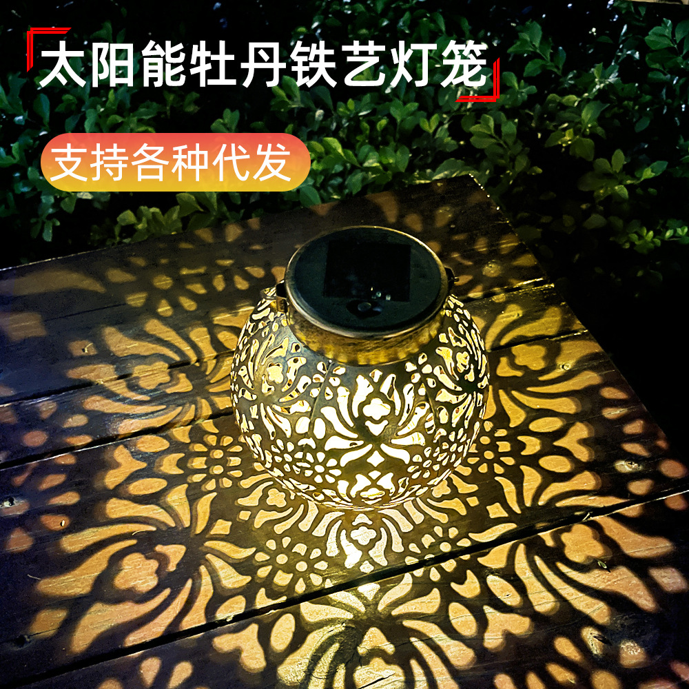 Cross-border solar lanterns, hanging lanterns, hollowed-out lanterns, courtyard lights, garden hanging lights, porch decorative lights, projection lights full figure