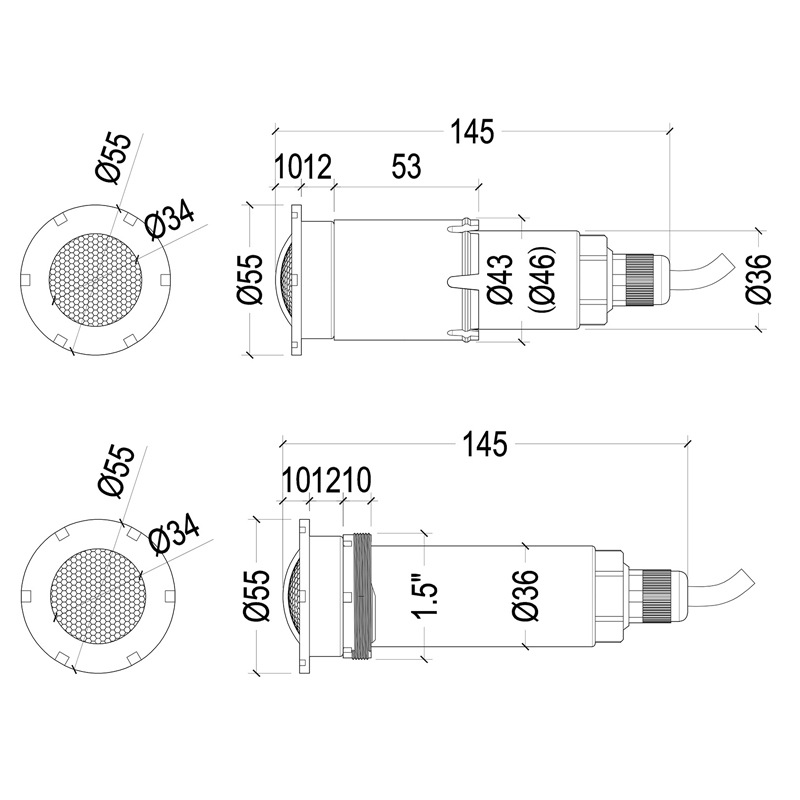 1.5-inch tube return water outlet swimming pool underwater light, RGB seven-color color-changing threaded interface underwater light for foreign trade cross-border factory Specification drawing