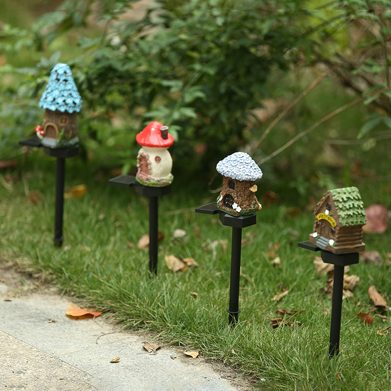 Solar garden lamp, resin creative mushroom house, outdoor household garden landscape, garden lawn decoration, ground insert lamp Specification drawing