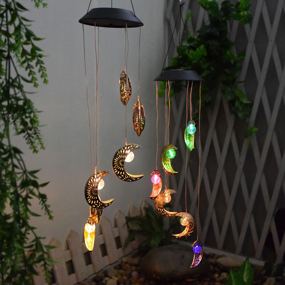 Outdoor solar garden lights, European retro hollowed-out garden lights, moon wind chime pendants, landscape atmosphere decorative lights details Picture