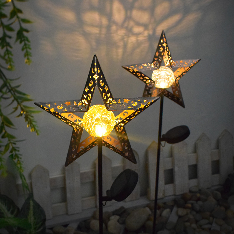 Cross-border outdoor camping lights, solar ironwork courtyard lawn lights, five-pointed star hollowed-out ground insertion landscape projection lights full figure