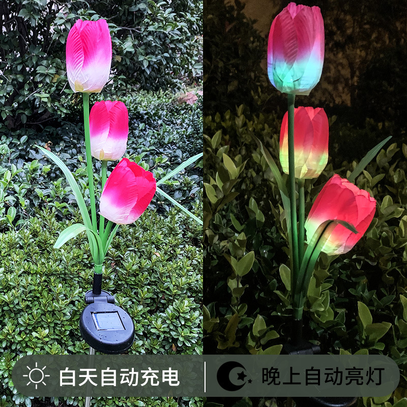 Cross-border new solar tulip flower lamp, simulation ground lamp, LED garden courtyard lamp, lawn outdoor waterproof details Picture