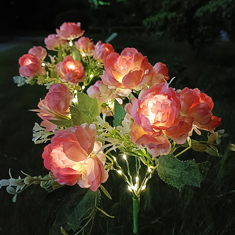 Solar-powered seven-headed peony simulation flower lamp, LED garden and courtyard atmosphere decoration lawn lamp, outdoor waterproof lamp full figure