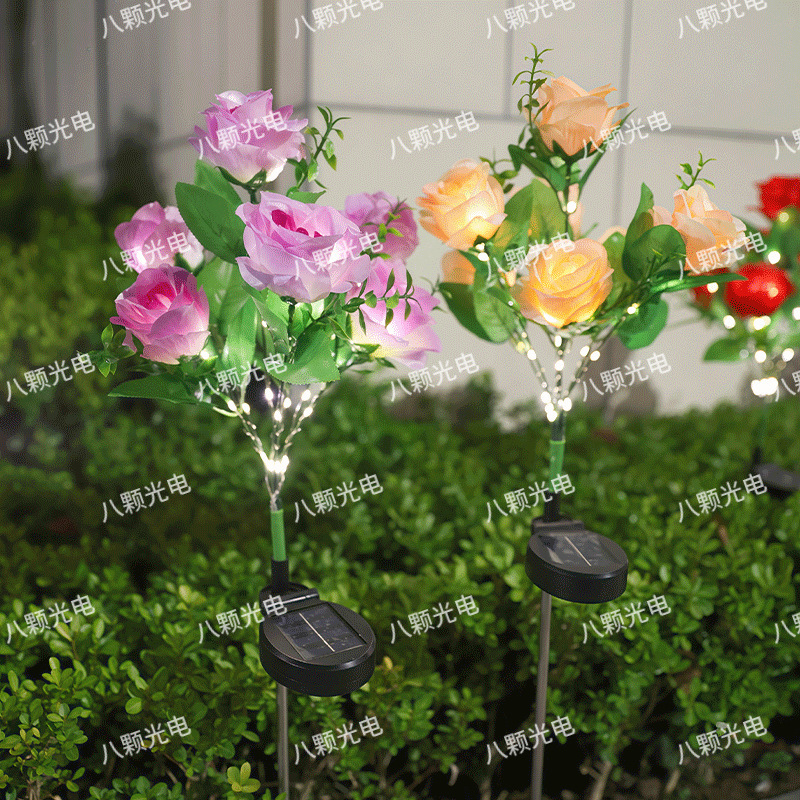 2025 New 7-head solar-powered rose lamp, outdoor courtyard decoration, ground socket lawn lamp, LED simulation flower lamp Specification drawing