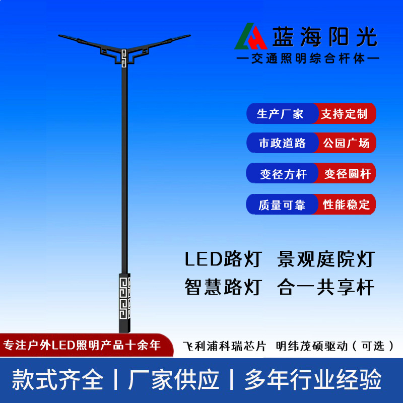 Qingdao designs, produces and installs cultural characteristic special-shaped road lighting LED street lamps and multi-functional comprehensive traffic poles full figure