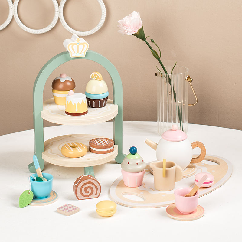 Children's early education simulation crown, afternoon tea game, house play, desserts, cakes, pastries, tea sets, wooden toys details Picture