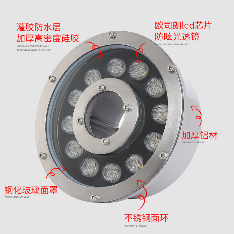 led fountain lights, waterproof spring water lights, embedded underwater lights, 12V, 24V water feature lights, mid-hole dry spray circular spotlights Specification drawing