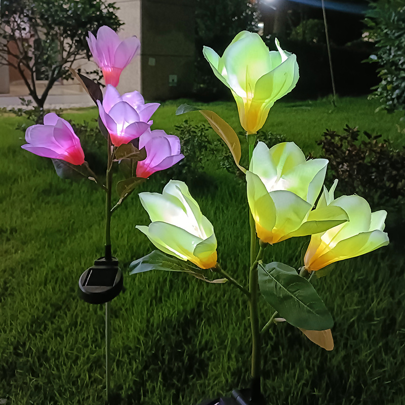 New 4-head solar-powered magnolia flower Spring Festival lantern, festive atmosphere, terrace lawn and garden decoration LED ambient light full figure