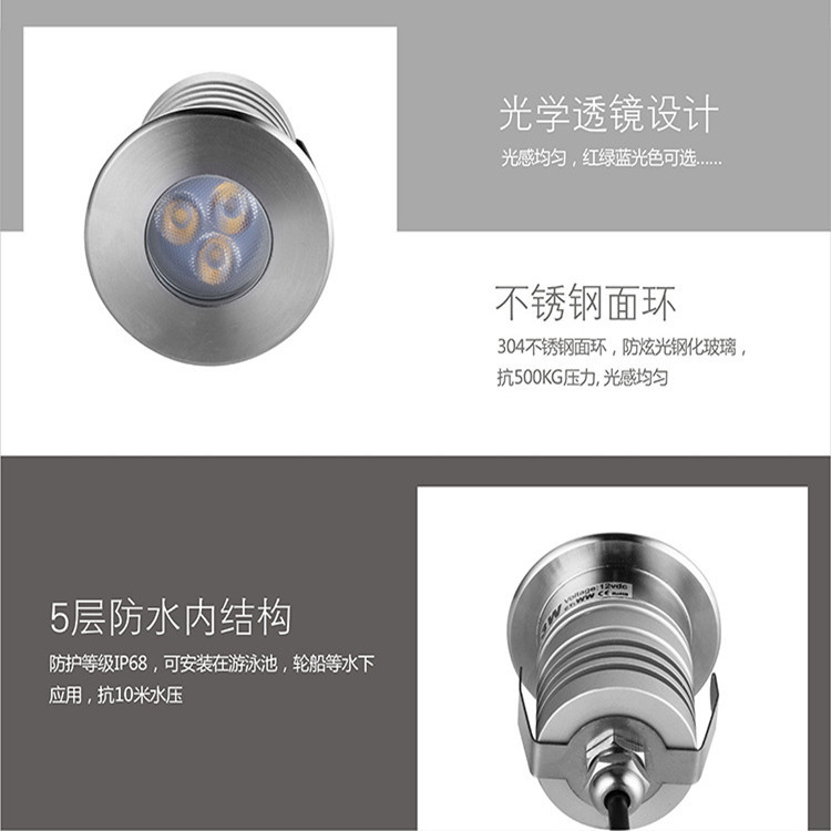 Factory direct sales of stainless steel underwater lights, waterproof IP68, certified, dimmable, three-bead underwater landscape swimming pool lights Specification drawing