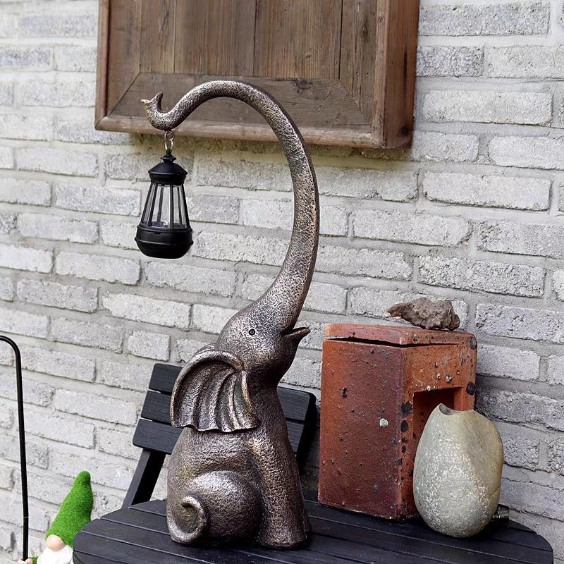 Cross-border balcony landscaping and arrangement, imitation stone elephant resin atmosphere lantern display, courtyard garden decoration, solar lamp details Picture