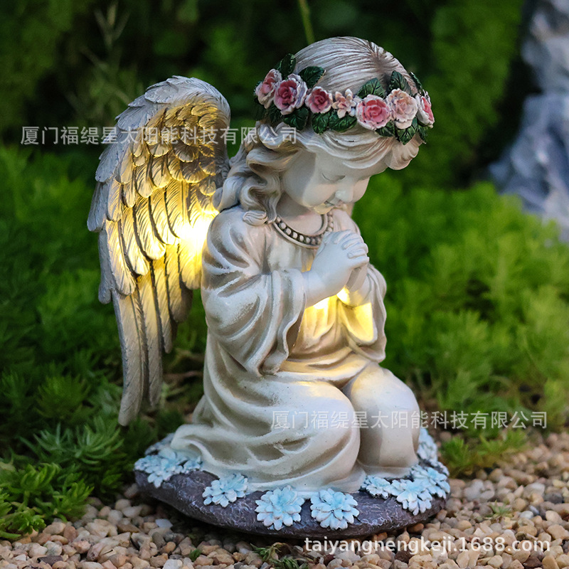 Cross-border new product resin Prayer Angel solar lamp, outdoor little girl decorative garden ornament, home courtyard lamp Specification drawing