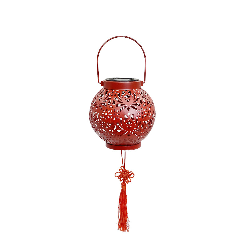 Wholesale solar metal carved red lanterns, ironwork hollowed-out projection lights, garden and courtyard landscape decorative hanging lights Item Picture