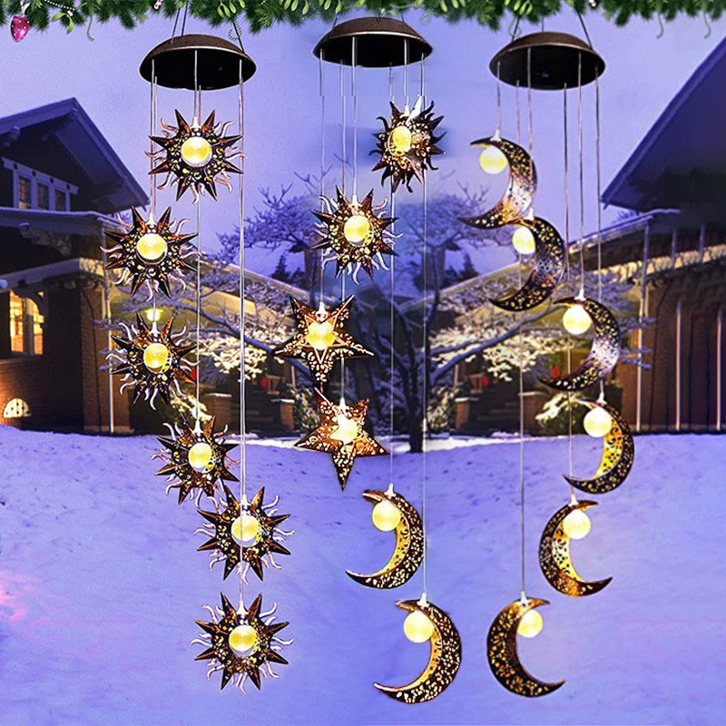 Outdoor solar garden lights, European retro hollowed-out garden lights, moon wind chime pendants, landscape atmosphere decorative lights full figure