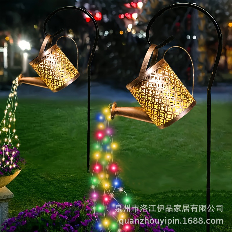 Cross-border diamond-shaped copper coin water bottle solar lamp, outdoor garden lamp, ground insert landscape, ironwork hollowed-out water bottle, shower head lamp full figure