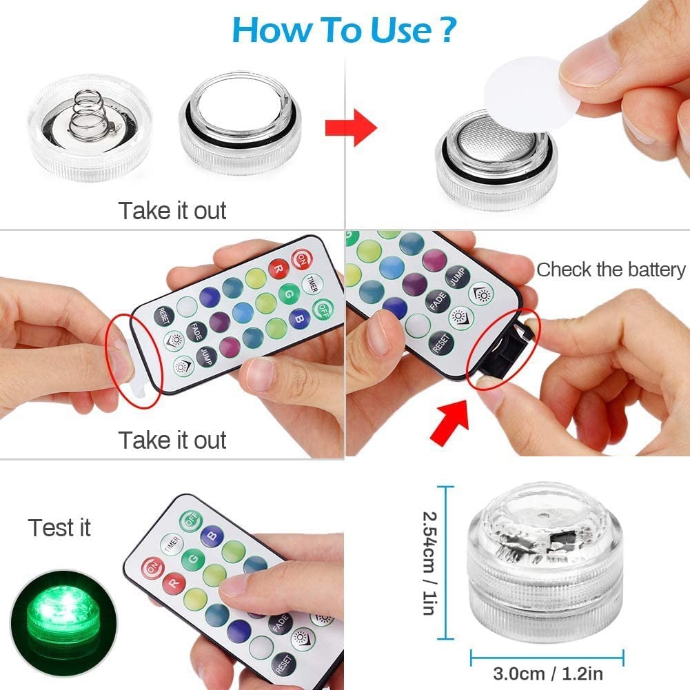 Luminous diving light, LED remote control, waterproof candle, small tea atmosphere, car light, timed bath, fish tank, vase, water float light Application Scenario