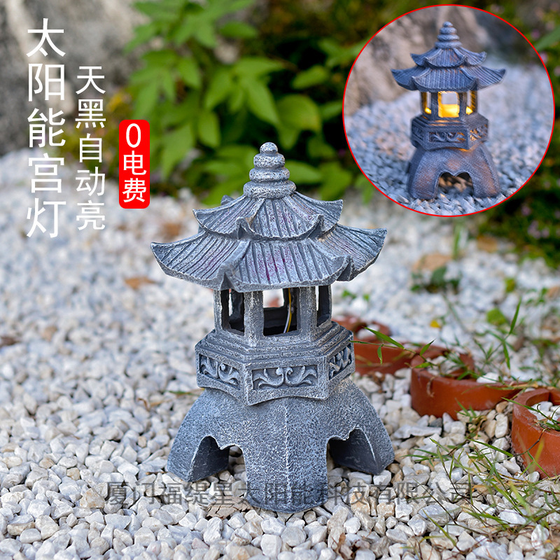 Outdoor solar-powered Chinese-style Zen-inspired small palace lanterns, stone pagoda courtyard decorative garden ornaments, small palace lanterns, and homestay landscape lights full figure