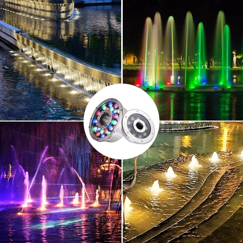 led fountain lights, waterproof spring water lights, embedded underwater lights, 12V, 24V water feature lights, mid-hole dry spray circular spotlights Application Scenario