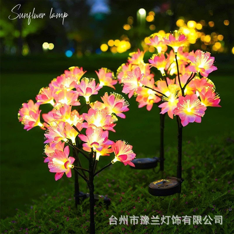 New cross-border simulation flower solar cherry blossom ground socket light, outdoor waterproof courtyard lawn light, LED fiber optic flower light full figure