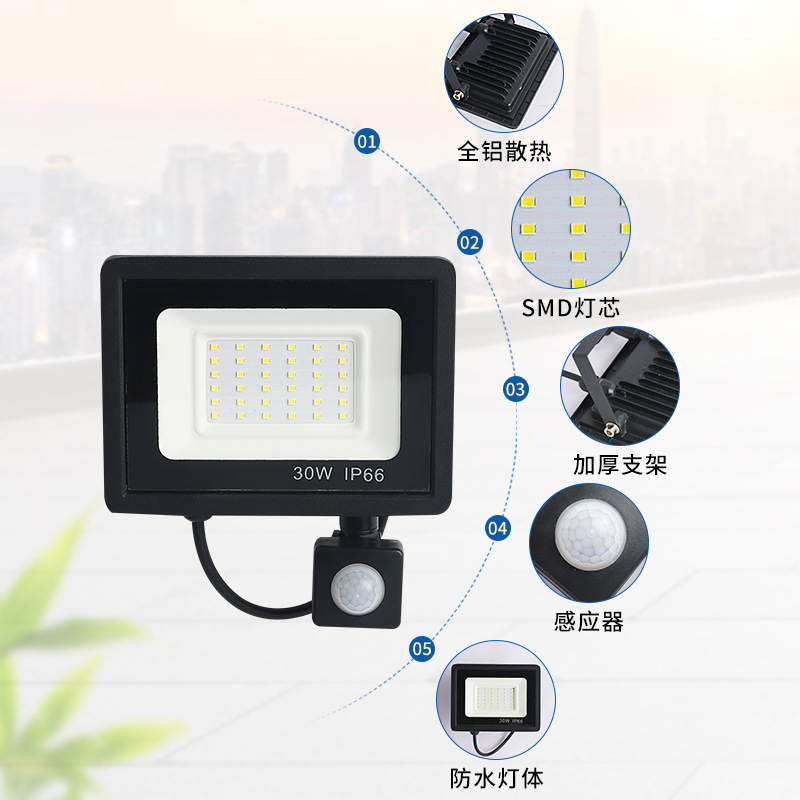 Cross-border led sensor small apple floodlight 50W100W outdoor waterproof remote control dimming sensor PIR floodlight Application Scenario