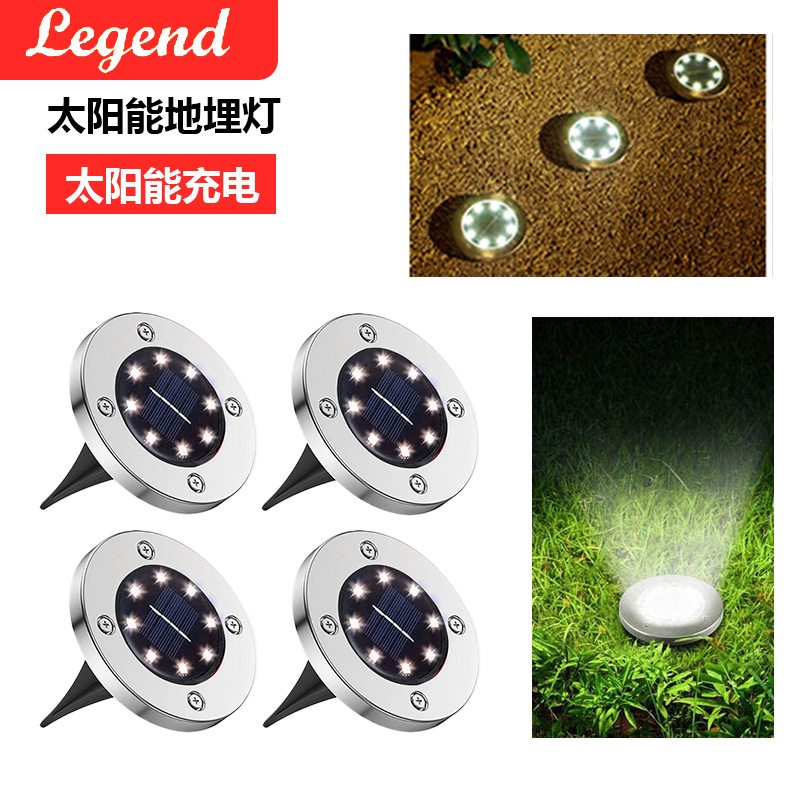 Solar-powered ground lamp with 8LED stainless steel, new outdoor plug-in grass lamp, courtyard garden rainproof villa ground lamp full figure