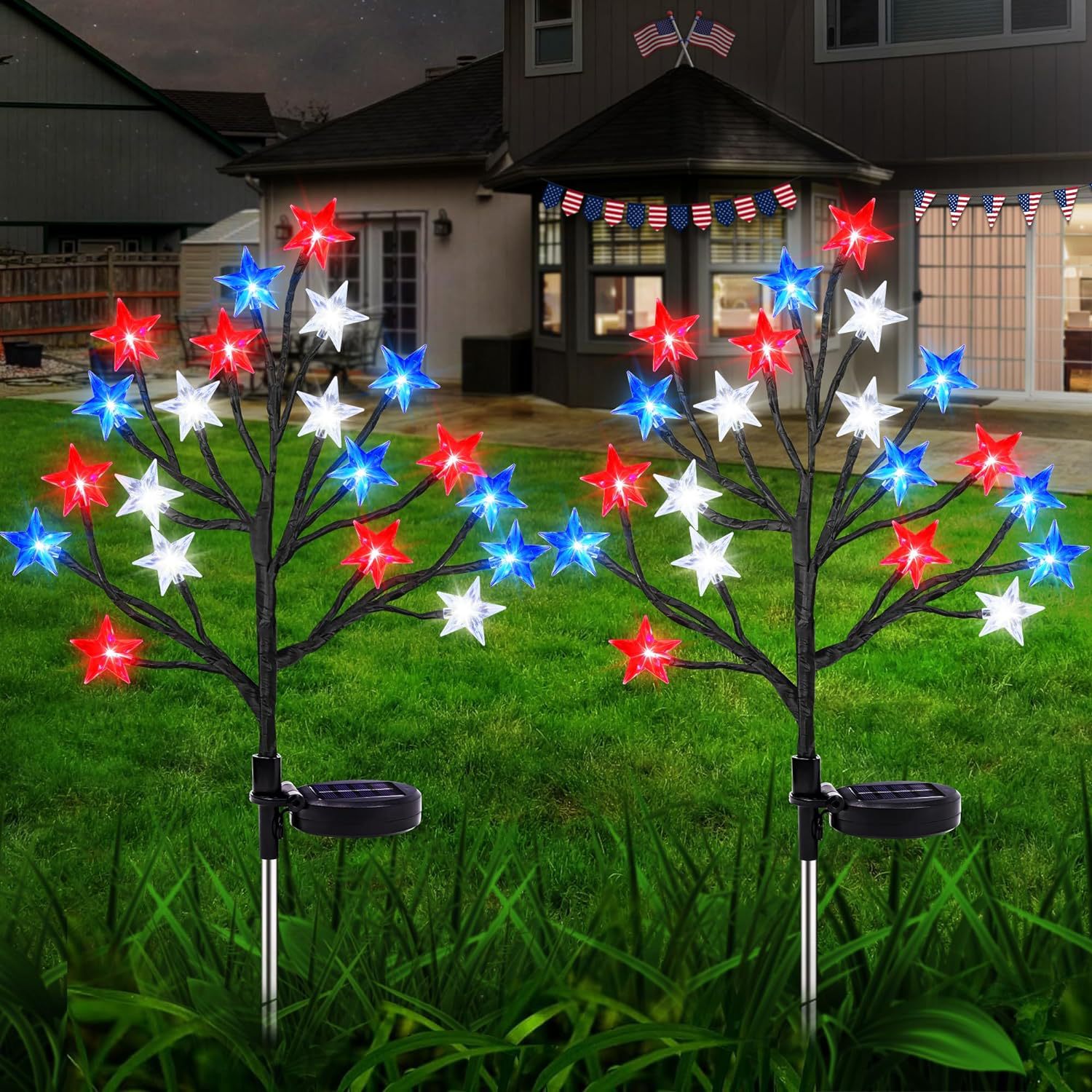 Amazon's best-selling solar tree branch ground light for the Independence Day of the United States, red, blue and white five-pointed star courtyard decoration full figure