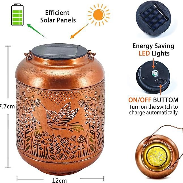 Waterproof solar outdoor lanterns, hummingbird hollowed-out retro metal garden lamps, factory direct sales full figure