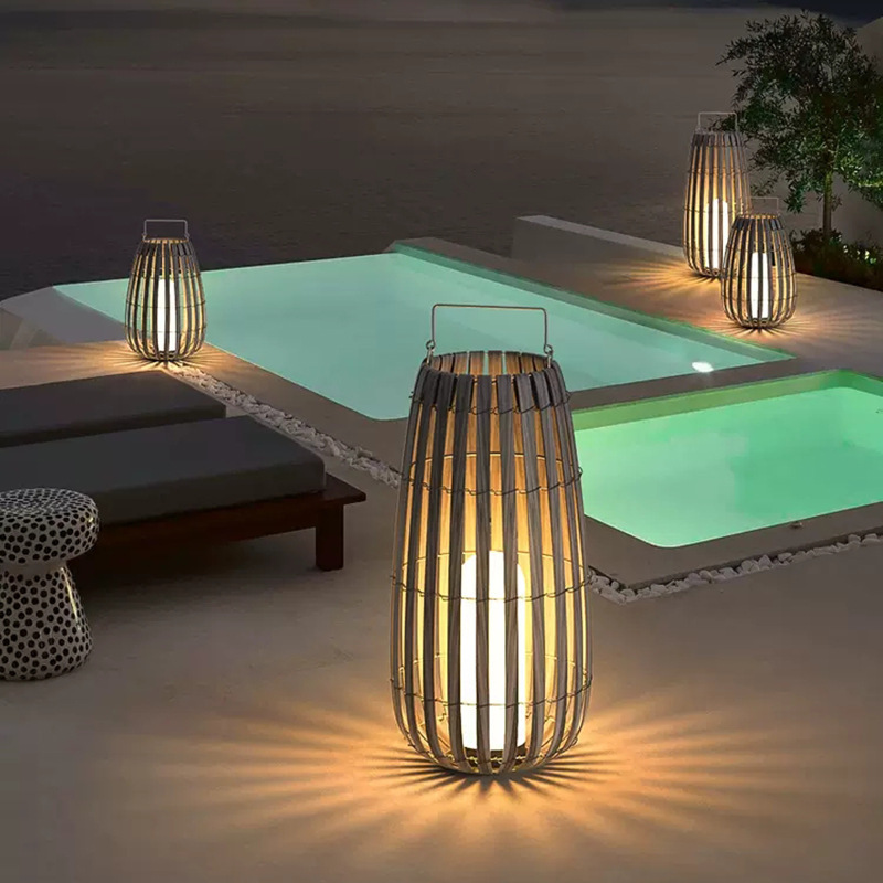 Solar-powered rattan lawn light, portable lantern, floor-standing courtyard decorative light, portable villa garden waterproof atmosphere light Specification drawing