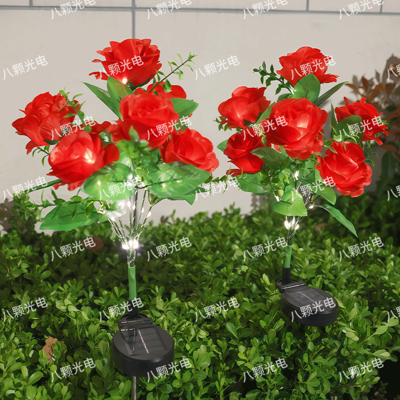 2025 New 7-head solar-powered rose lamp, outdoor courtyard decoration, ground socket lawn lamp, LED simulation flower lamp full figure