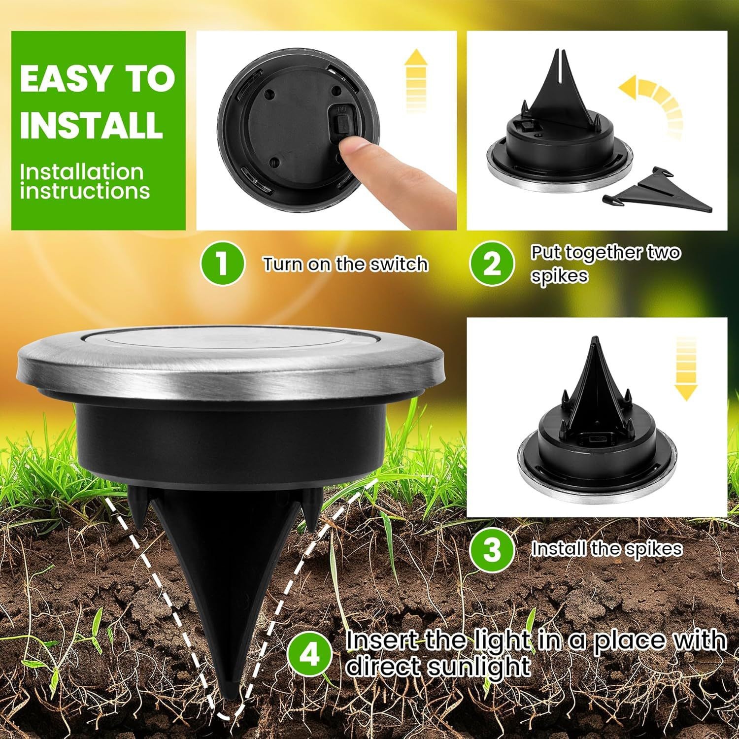 New outdoor solar courtyard lawn light, road garden night landscape light, atmosphere mini stainless steel ground lamp Specification drawing