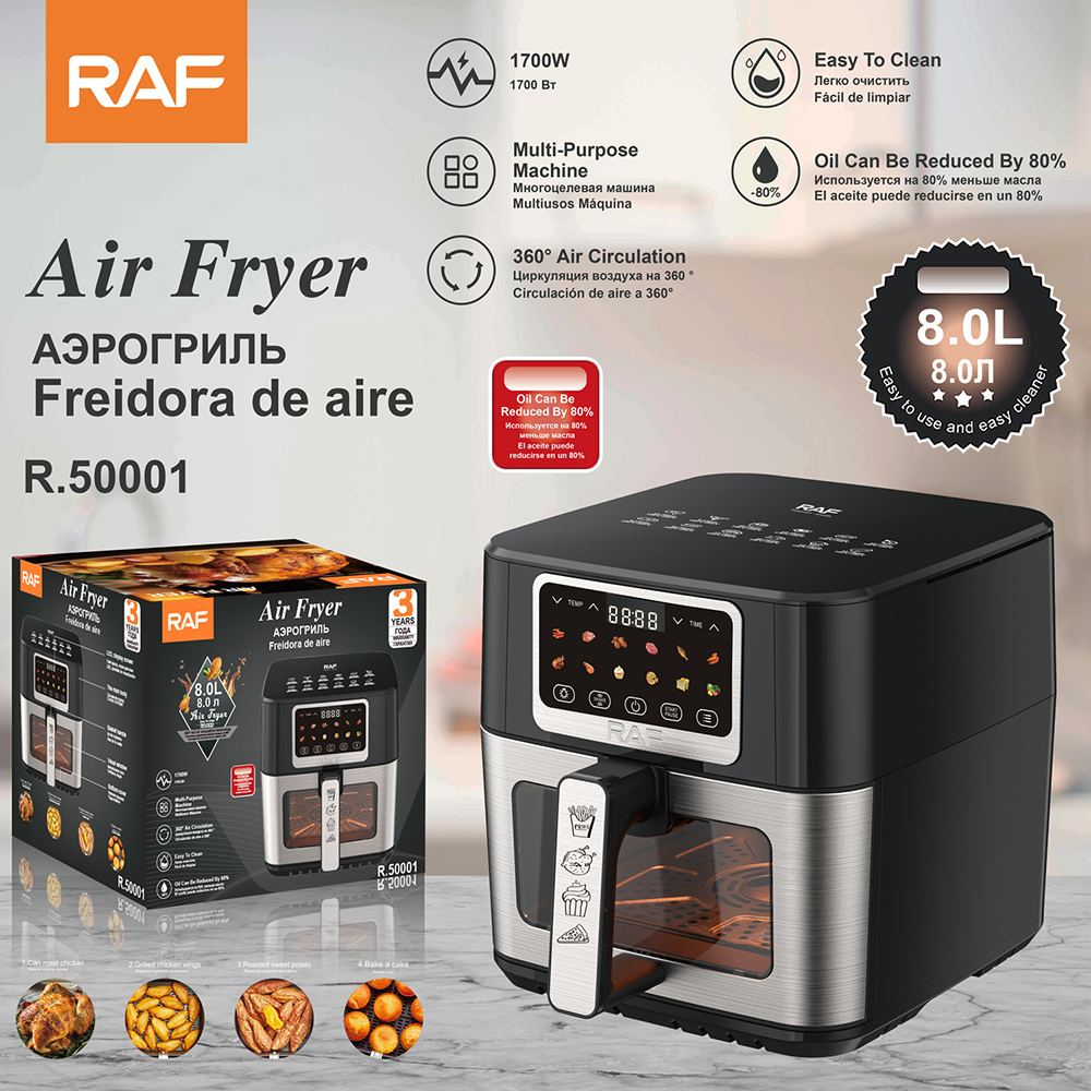 RAF European 8L air fryer, multi-functional smart touch screen, oil-free and smokeless, large capacity, preset menu full figure