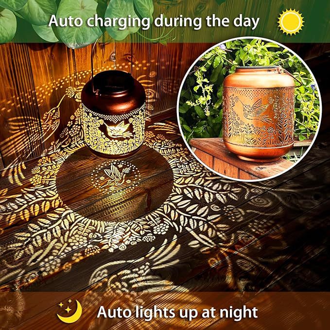 Waterproof solar outdoor lanterns, hummingbird hollowed-out retro metal garden lamps, factory direct sales Specification drawing