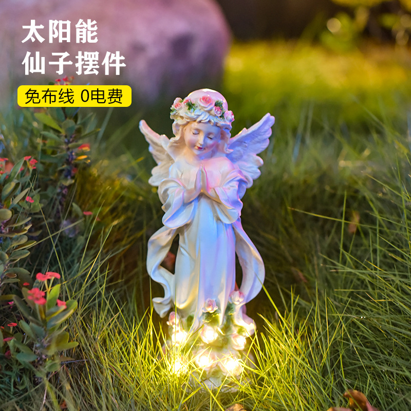 Cross-border flower fairy resin ornaments, outdoor garden angel solar lamp handicrafts, creative courtyard statue decorations full figure