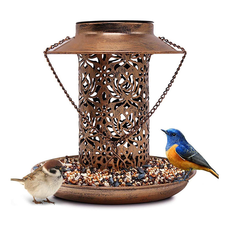 Cross-border solar metal bird feeder, ironwork hollowed-out projection lamp, lawn courtyard outdoor hanging lamp, bird feeding device details Picture