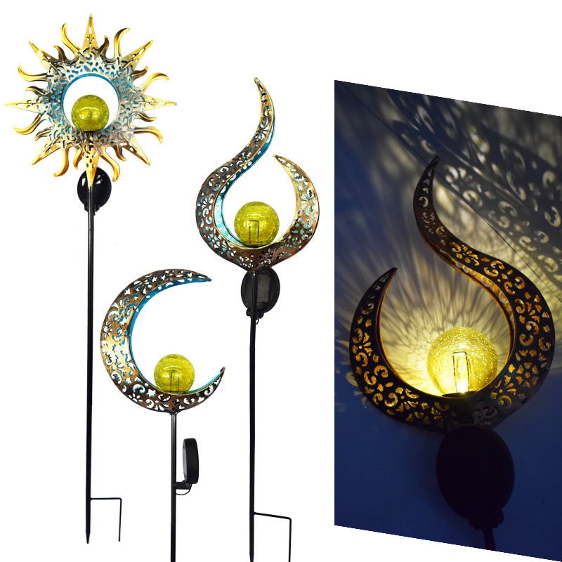 Cross-border outdoor camping lights, solar ironwork courtyard lawn lights, five-pointed star hollowed-out ground insertion landscape projection lights details Picture