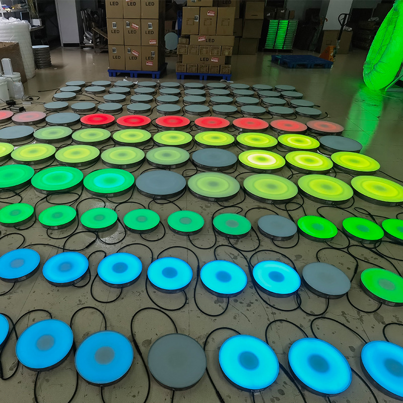 The new 500mm diameter LED circular floor tile light features a foot-sensing seven-color glow and a music color run details Picture