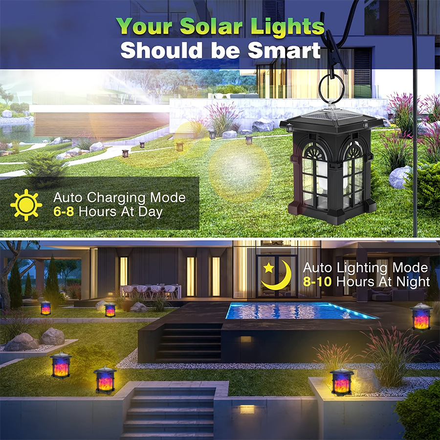 Cross-border outdoor solar flame lamp, mini square chandelier, courtyard waterproof landscape lawn lamp details Picture