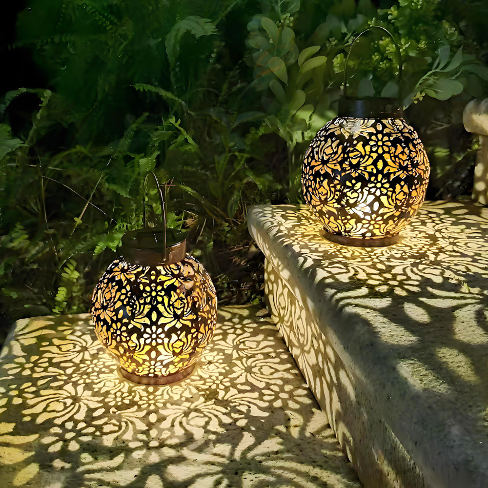 Cross-border solar lanterns, hanging lanterns, hollowed-out lanterns, courtyard lights, garden hanging lights, porch decorative lights, projection lights details Picture