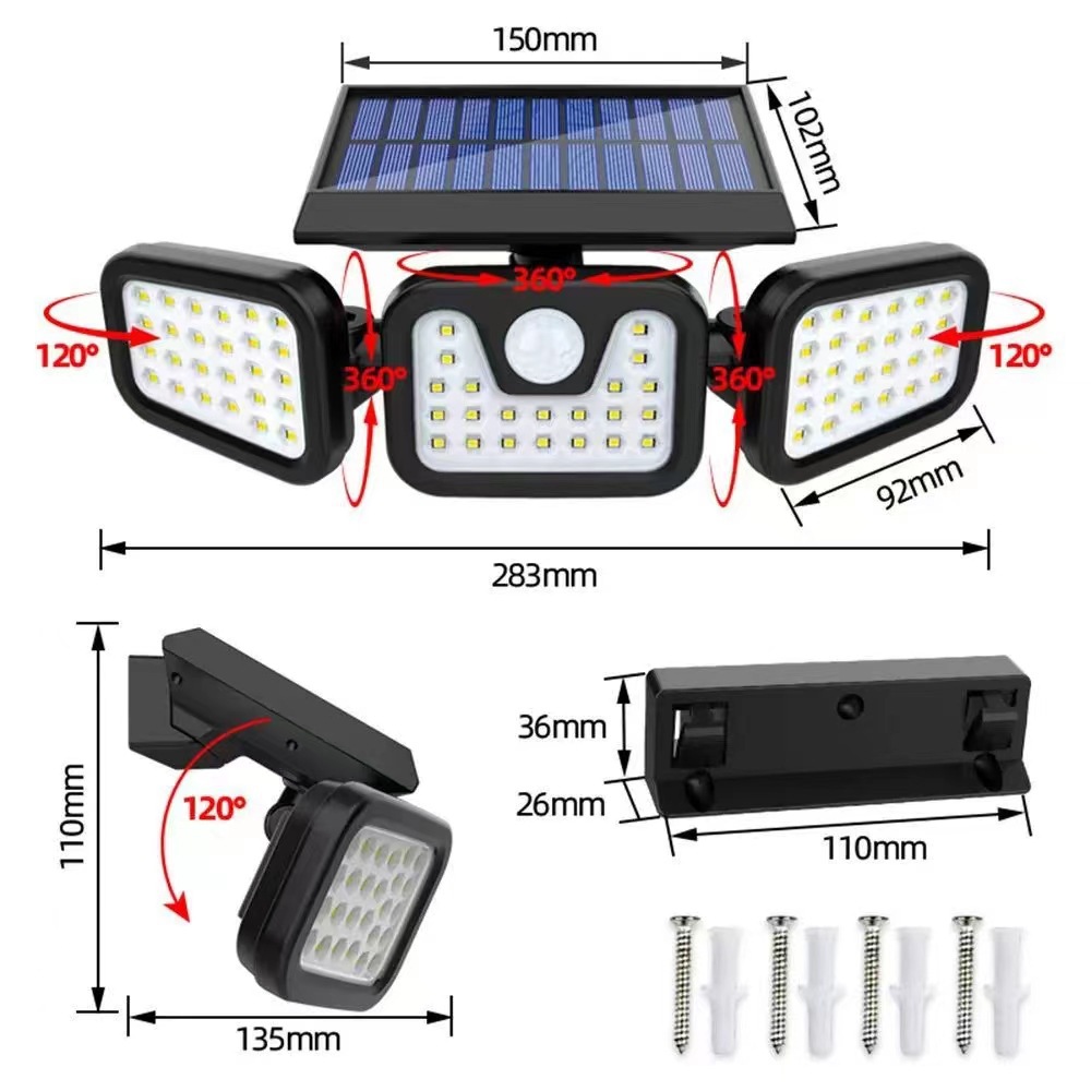 74LED three-head wall lamp, multi-angle adjustable outdoor solar garden lamp, human-sensing three-level lighting street lamp Specification drawing