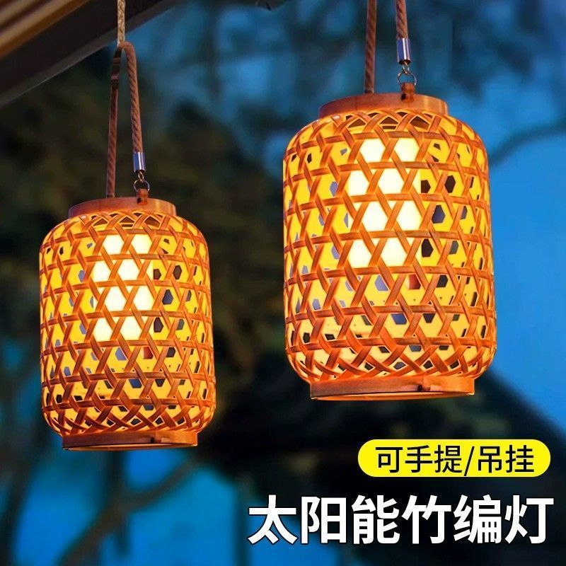 New retro solar portable hanging lamp, bambus-woven lantern, courtyard outdoor waterproof landscape lamp, Chinese-style homestay lamp Specification drawing