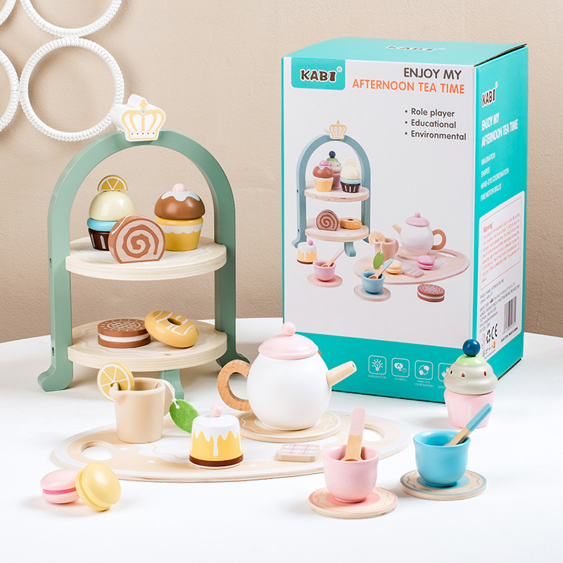 Children's early education simulation crown, afternoon tea game, house play, desserts, cakes, pastries, tea sets, wooden toys Specification image