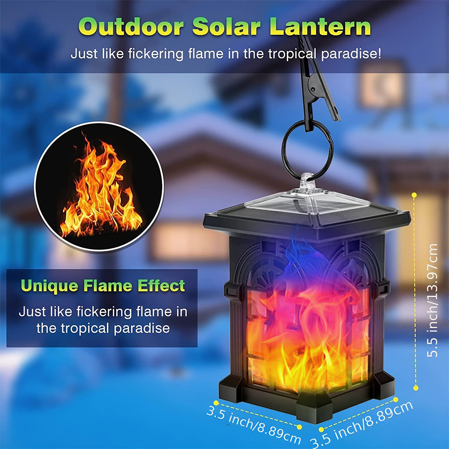 Cross-border outdoor solar flame lamp, mini square chandelier, courtyard waterproof landscape lawn lamp Specification drawing